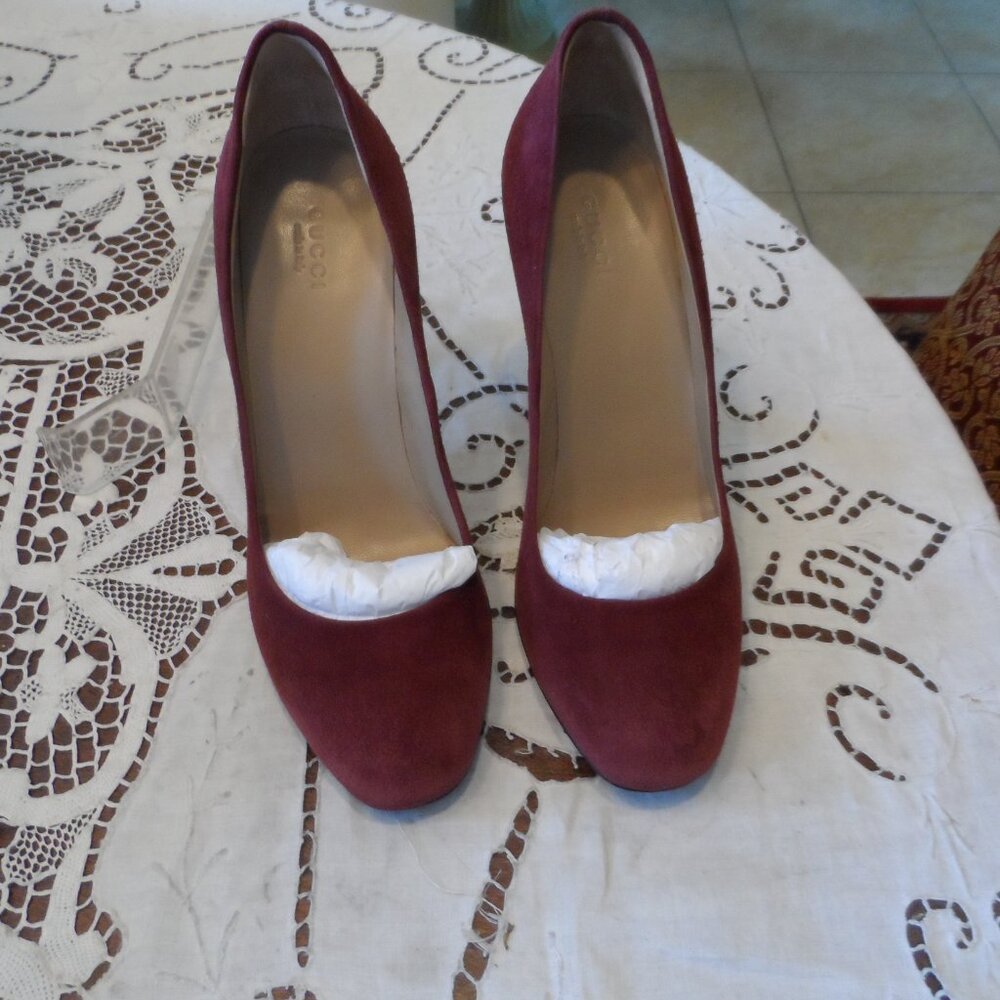 New Gucci Burgundy Kid Suede Leather Heeled Pumps Size 38B - Picture 5 of 16